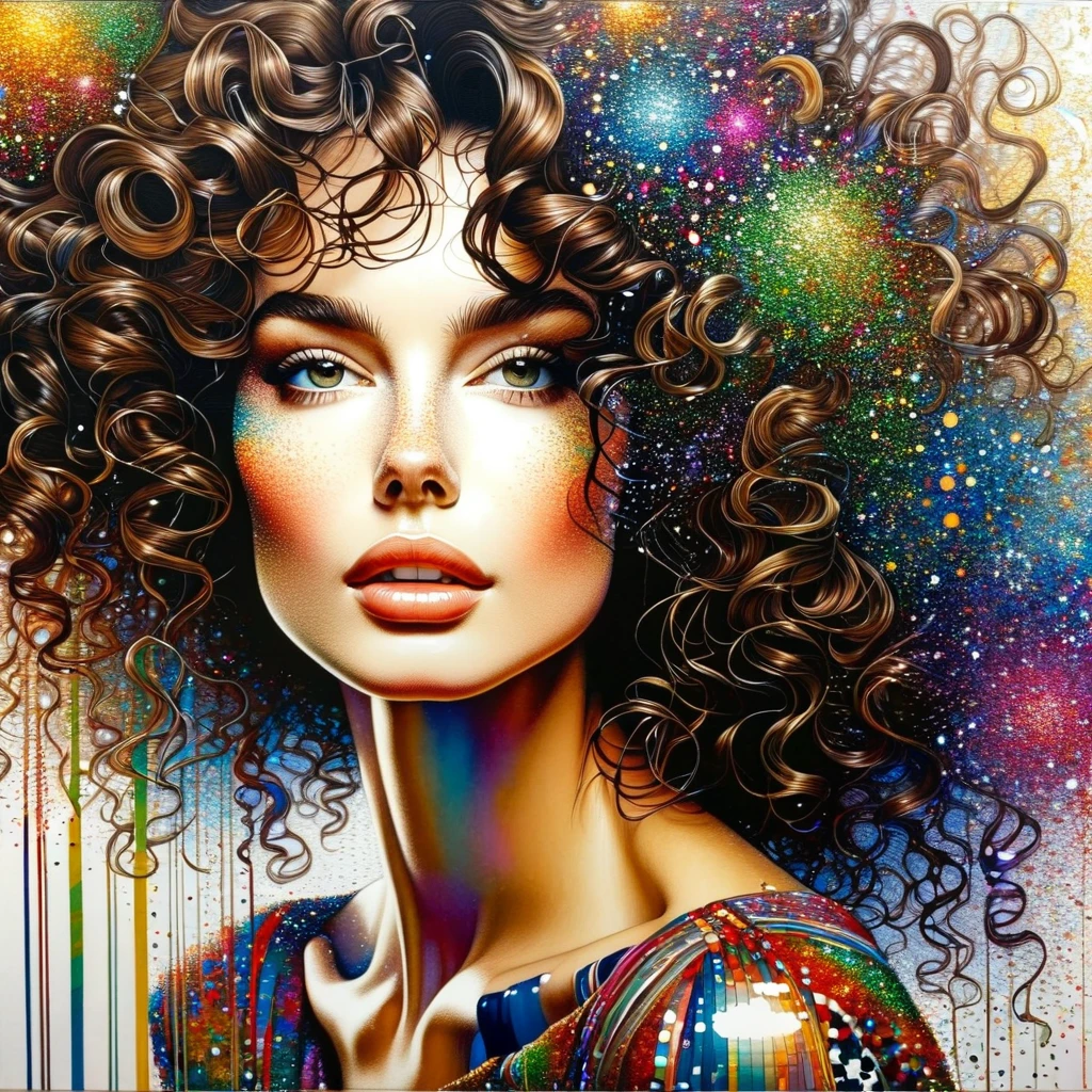 A painting depicting a close-up of a very beautiful brunette woman with curly hair, whose face is strewn with multicolored glitter and patterns!!!!inspired by Solve Sundsbo, high detail, front light, bright colors, modern European ink painting, high quality, high detail, masterpiece,