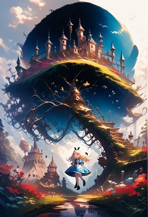 alice in wonderland, magical creatures around you, masterpiece, detailed