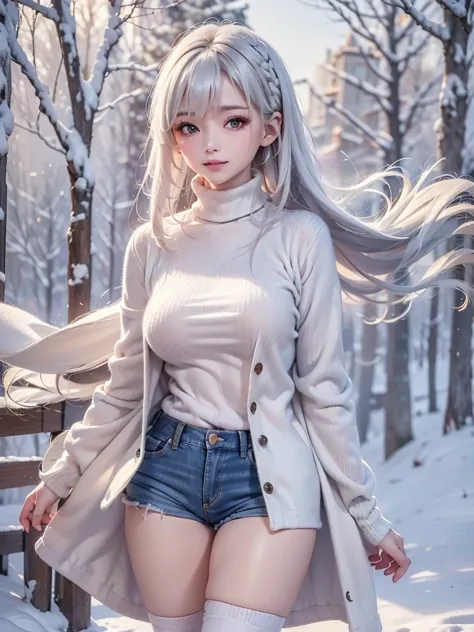 masterpiece:1.5, high quality. 1girl, turtleneck sweater, sideboob, denim short pants, pantyhose, white hair, fur white coat, me...