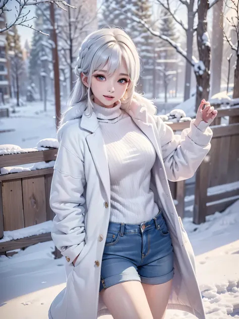 masterpiece:1.5, high quality. 1girl, turtleneck sweater, sideboob, denim short pants, pantyhose, white hair, fur white coat, me...