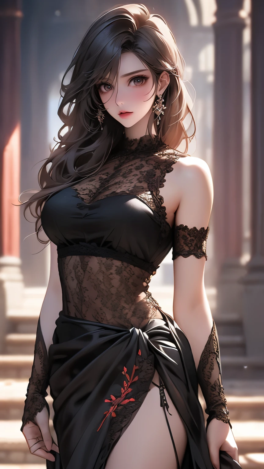 ((Dressed:1.2),Leather boots,Leather Gauntlets,(Black lace dress with embroidery:1.5),(See-through:1.2),(long silk sarong:1.5))),(Thin type),(Large Breasts),(Random sexy poses),(Random hairstyle),(Best image quality,(8k), Ultra-realistic, 最high quality, high quality, High resolution, high qualityの質感, Attention to detail, Beautiful details, Fine details, Highly detailed CG, Detailed Texture, Realistic facial expressions, masterpiece, before)