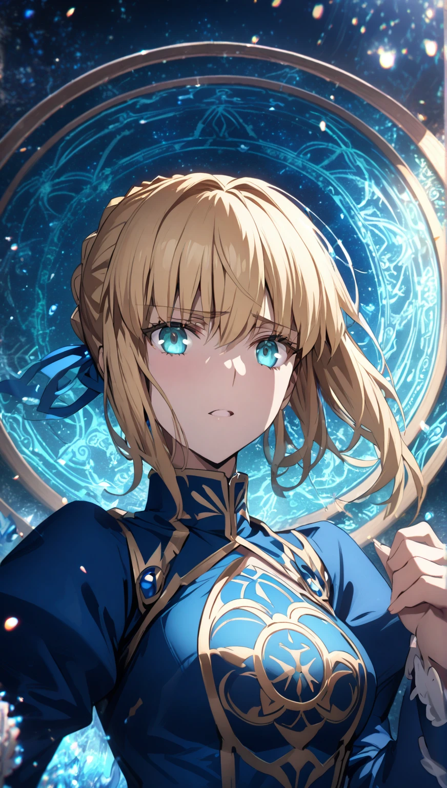 absurdres, highres, ultra detailed, HDR, master piece, Artoria Pendragon, blonde hair tied in a bun, expressive turquoise eyes, Saber, blue dress, extremely beautiful, sexy woman, best quality, Fate Grand Order, magical circle, fantasy, magical, sensual, blue starry sky, glittering, accessories, blue ribbon, blue magic, blue flames, water,