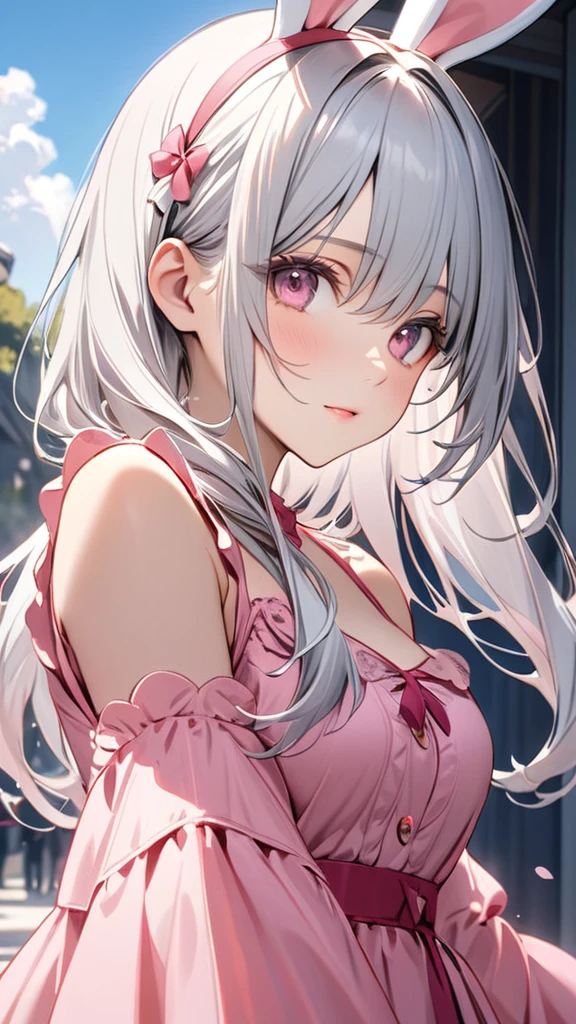 blue sky,(masterpiece, Highest quality:1.2), Silver Hair,Pink dress,Pink eyes,Bunny ears,One person, One person,girl&#39; I'm in love with you, Dynamic Random Shot, elastic thighs, ARW Widescreen, masterpiece, Best Quality, 