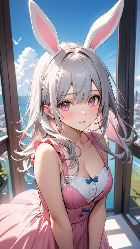 blue sky,(masterpiece, Highest quality:1.2), Silver Hair,Pink dress,Pink eyes,Bunny ears,One person, One person,girl&#39; I'm in love with you, Dynamic Random Shot, elastic thighs, ARW Widescreen, masterpiece, Best Quality, 