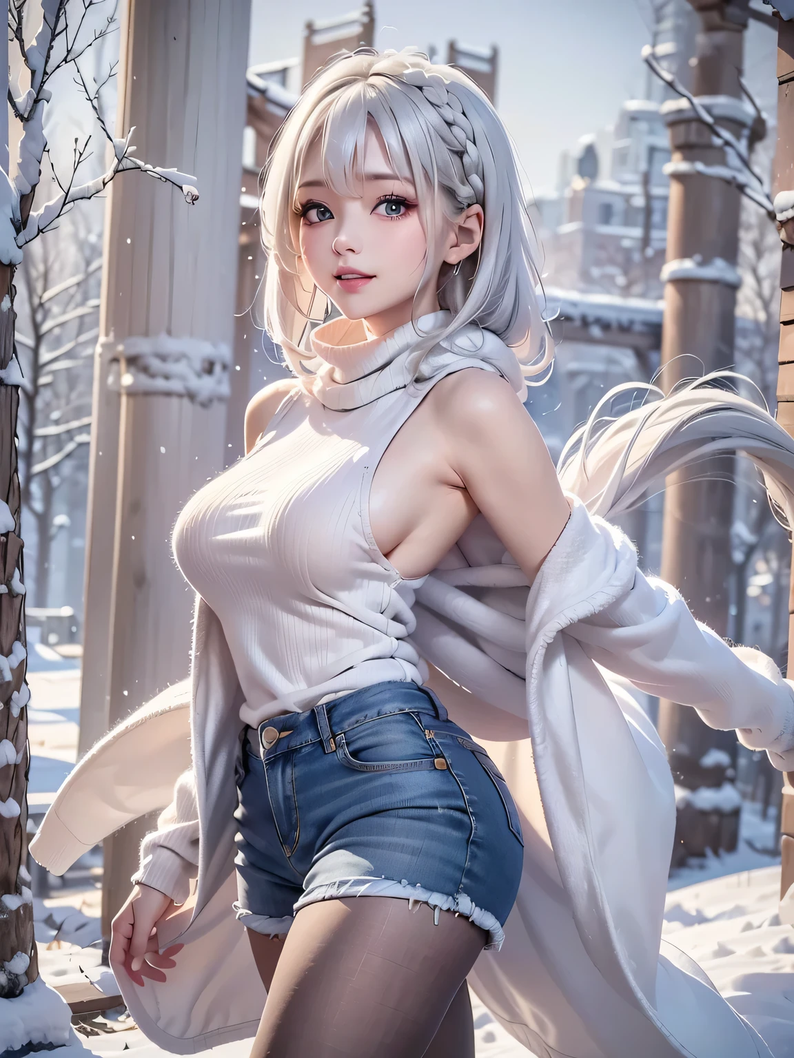 masterpiece:1.5, high quality. 1girl, turtleneck sweater, sideboob, denim short pants, pantyhose, white hair, fur white coat, medium breasts, bright skin. background: winter ruins, snow fall. ダイナミックなポーズ
