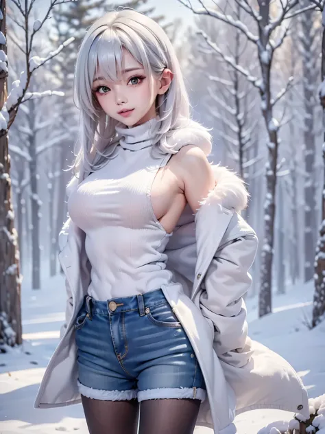 masterpiece:1.5, high quality. 1girl, turtleneck sweater, sideboob, denim short pants, pantyhose, white hair, fur white coat, me...