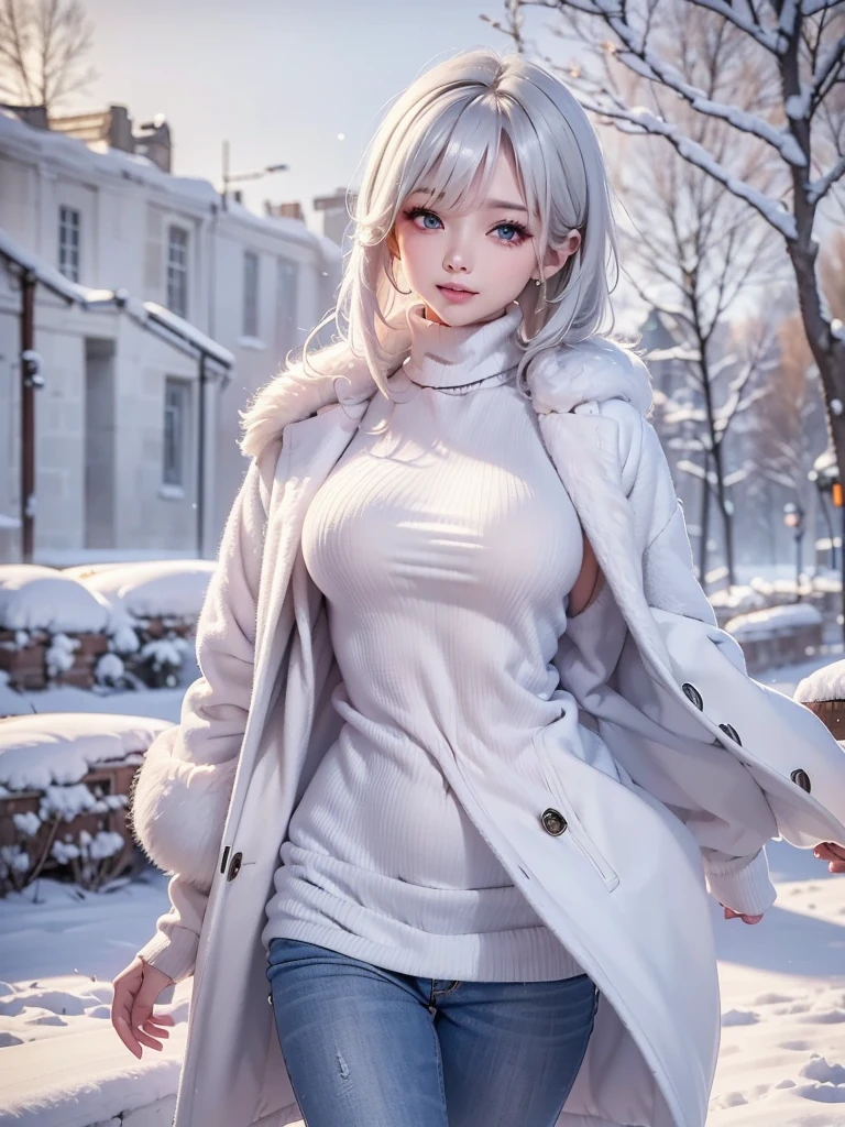 masterpiece:1.5, high quality. 1girl, turtleneck sweater, sideboob, denim short pants, pantyhose, white hair, fur white coat, medium breasts, bright skin. background: winter ruins, snow fall. ダイナミックなポーズ
