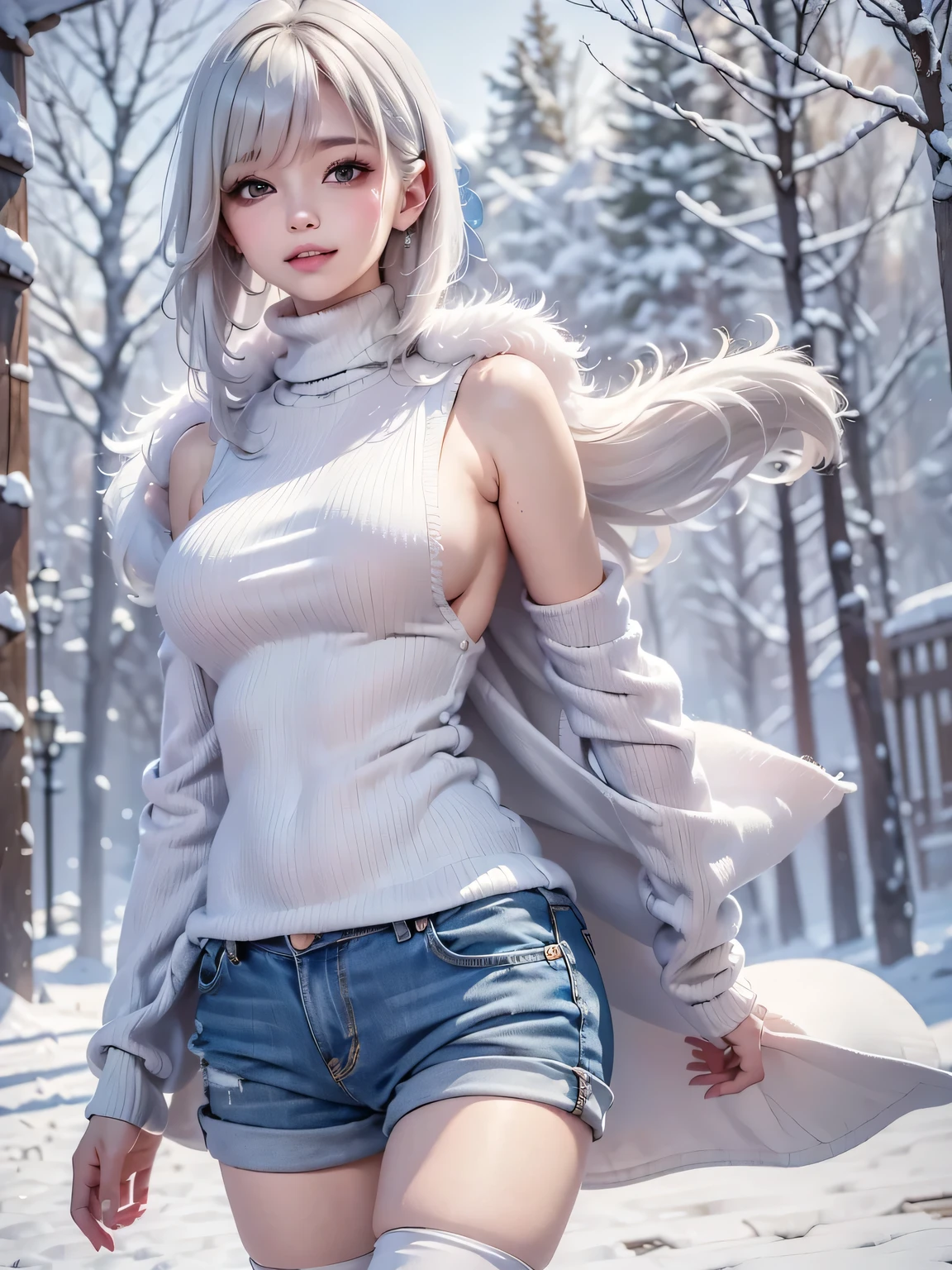 masterpiece:1.5, high quality. 1girl, turtleneck sweater, sideboob, denim short pants, pantyhose, white hair, fur white coat, medium breasts, bright skin. background: winter ruins, snow fall. ダイナミックなポーズ
