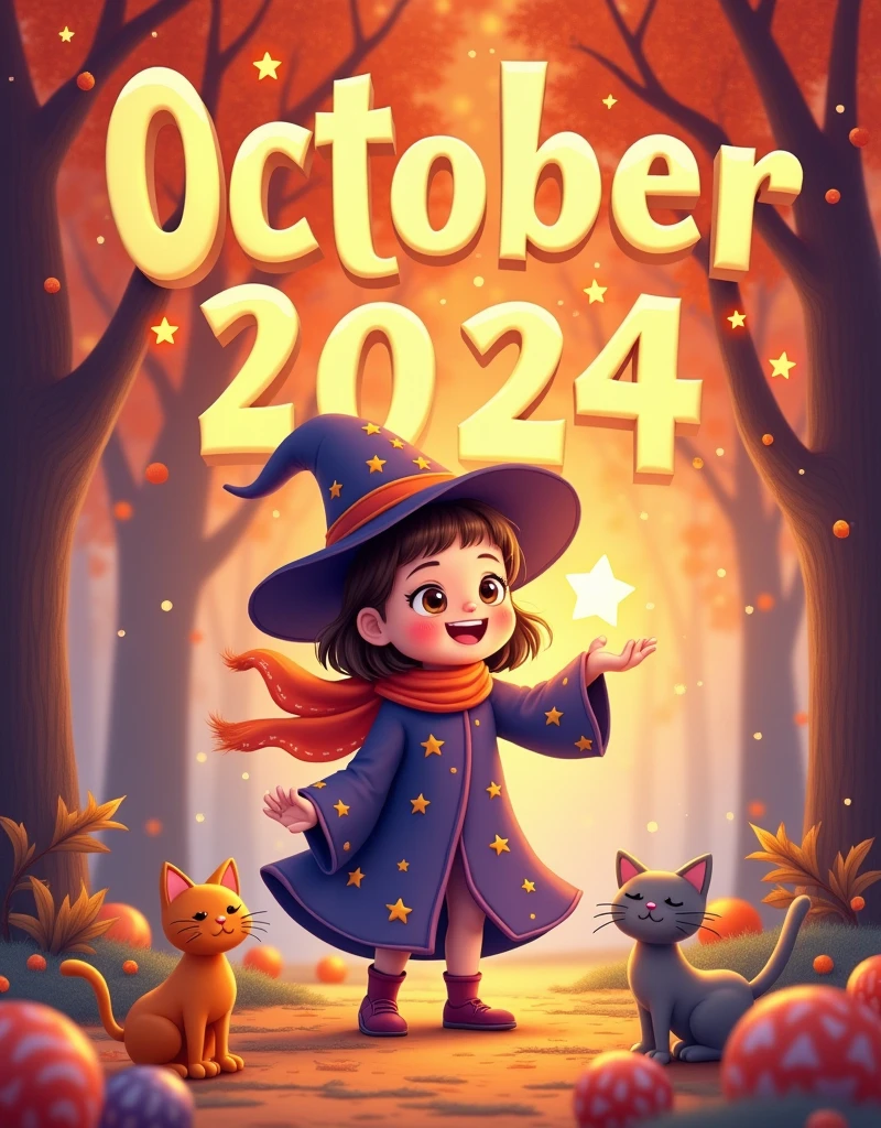 "October 2024"{ this is text. font-size:very big size. font-color:Autumn colors. font-degin:A font with a joyful and soft design that has depth and three-dimensionality. } background{ A fun background with happy and magical essence. Warm orange and purple tones are used throughout the background. The girl is wearing a wizard costume and is happily using magic to make little star float. The background is dotted with cute cats and colorful candies, and the overall style is bright and fun. } Let's create "October 2024" poster style wallpaper.