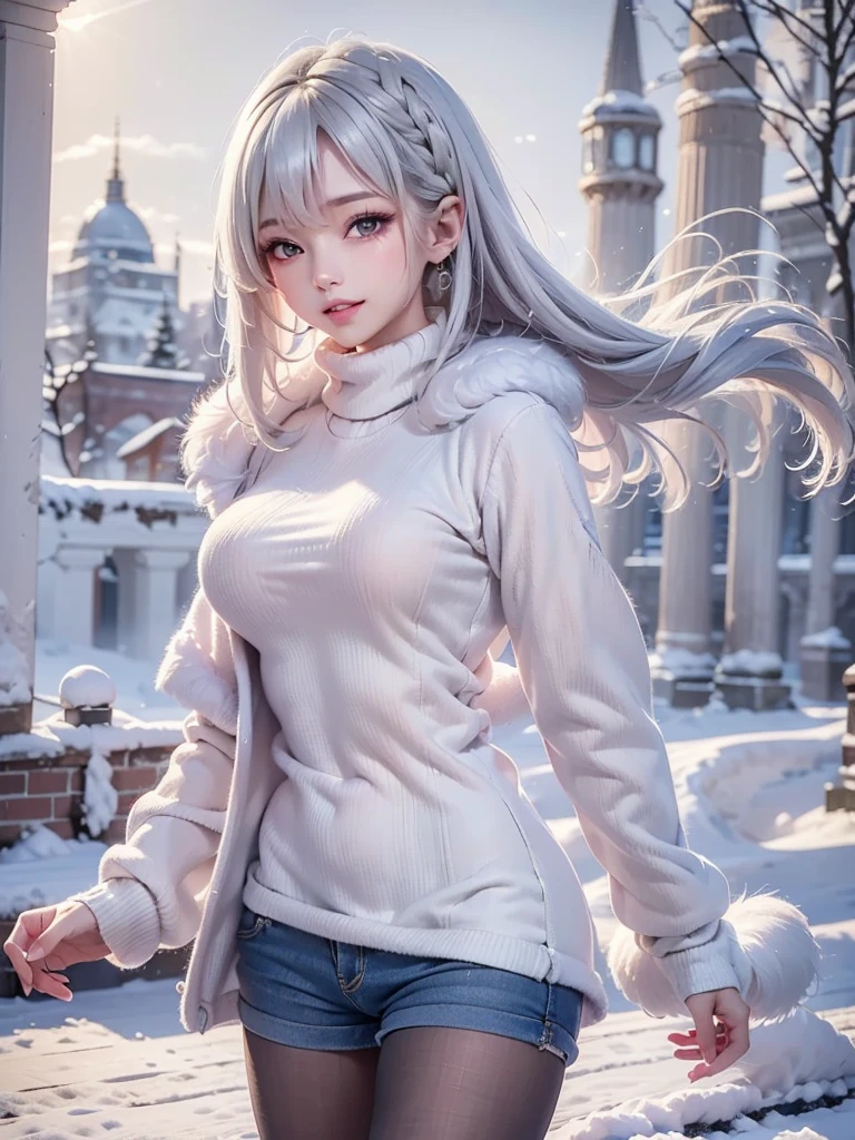 masterpiece:1.5, high quality. 1girl, turtleneck sweater, sideboob, denim short pants, pantyhose, white hair, fur white coat, medium breasts, bright skin. background: winter ruins, snow fall. ダイナミックなポーズ
