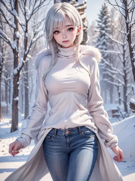 masterpiece:1.5, high quality. 1girl, turtleneck sweater, sideboob, denim short pants, pantyhose, white hair, fur white coat, me...