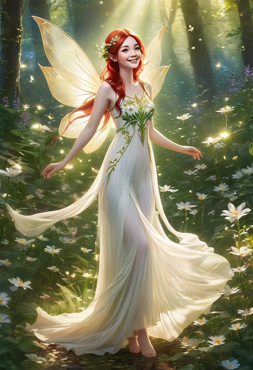 Hyperrealistic full-body, fantasy-style view of a female pixie standing in a magical forest, about 30 centimetres tall. She has long, flowing red hair adorned with green leaves and white flowers. Her delicate face is characterised by a thin, slightly upturned nose and a joyful expression of a very happy person who is laughing, with a natural, warm complexion. She wears a detailed, flowing white dress that falls gracefully down to her feet. Behind her, elegant translucent pixie wings shimmer softly. A lush field of flowers creates a lush and vibrant backdrop, with natural lighting adding a golden glow to the scene, giving a realistic impression. Sunlight illuminates her face and makes the flowers around her glow, lighting the scene with golden reflections, creating a serene and dreamy atmosphere, conveying peace and harmony with nature.