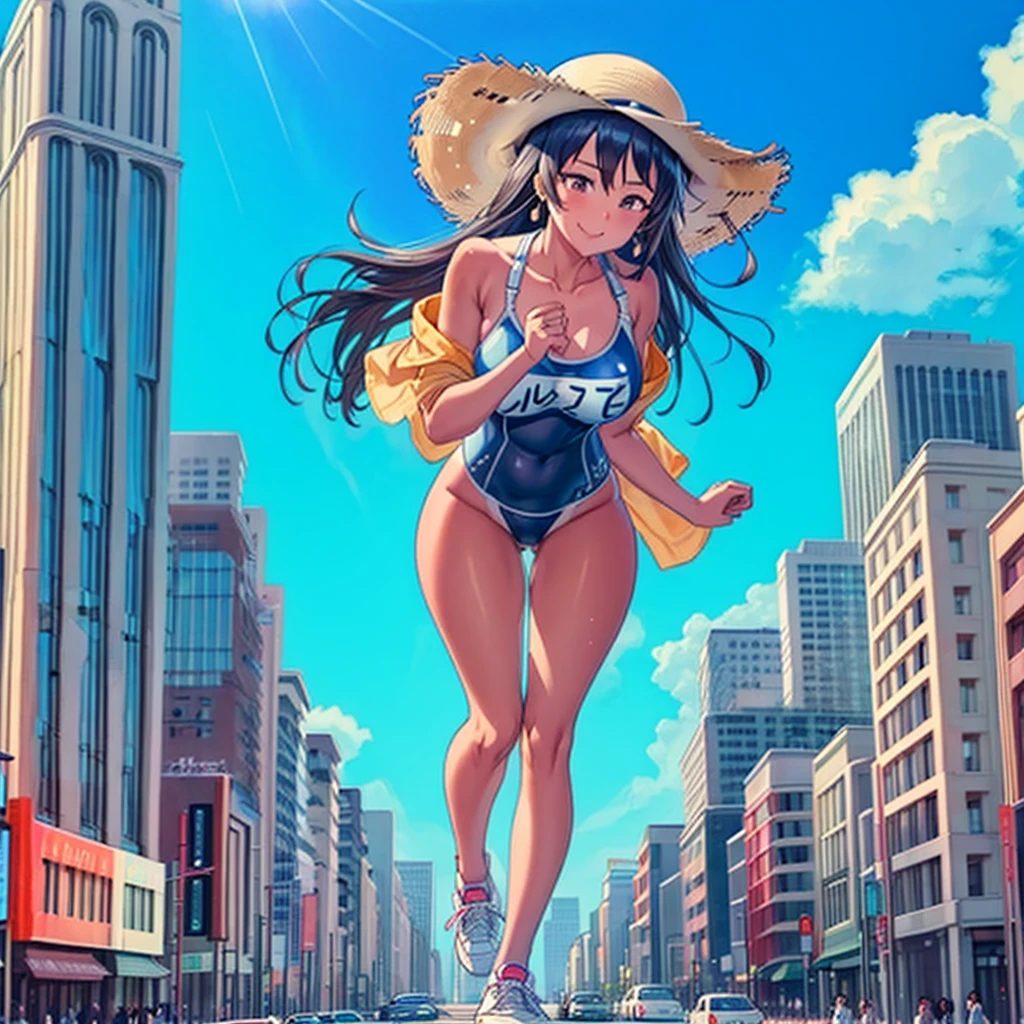 (((Giant high school girl running on the road)) ((Swimsuit)) ) ((Straw hat)) ((Tanned skin))

Composition seen from below Blue sky, thunderclouds, sunlight, masterpiece Anime style delicate painting 4K 90's Huge Multiple crowds Crowd in a big city Many people  Big city, Tokyo Akihabara Electric Town, Big Breasts, High School Girl,  Transparent Costume, Lots of Sweat, Splashes of Water, Sneakers, Watch, Black Hair, Smile, Female Titan Giant Girl Full Body Crowd Unreal Engine, Cleavage, picture, earrings, long hair, cute picture, beauty, analog style, whole body, sneakers,GTS, Giantess Female Giant, huge high school girl in the valley between buildings, skyscraper area, big city, anmnr