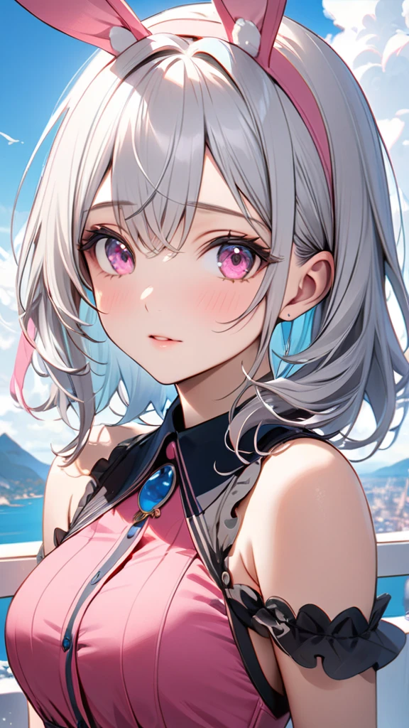 blue sky,(masterpiece, Highest quality:1.2), Silver Hair,Pink dress,Pink eyes,Bunny ears,One person, One person,girl&#39; I'm in love with you, Dynamic Random Shot, elastic thighs, ARW Widescreen, masterpiece, Best Quality, 