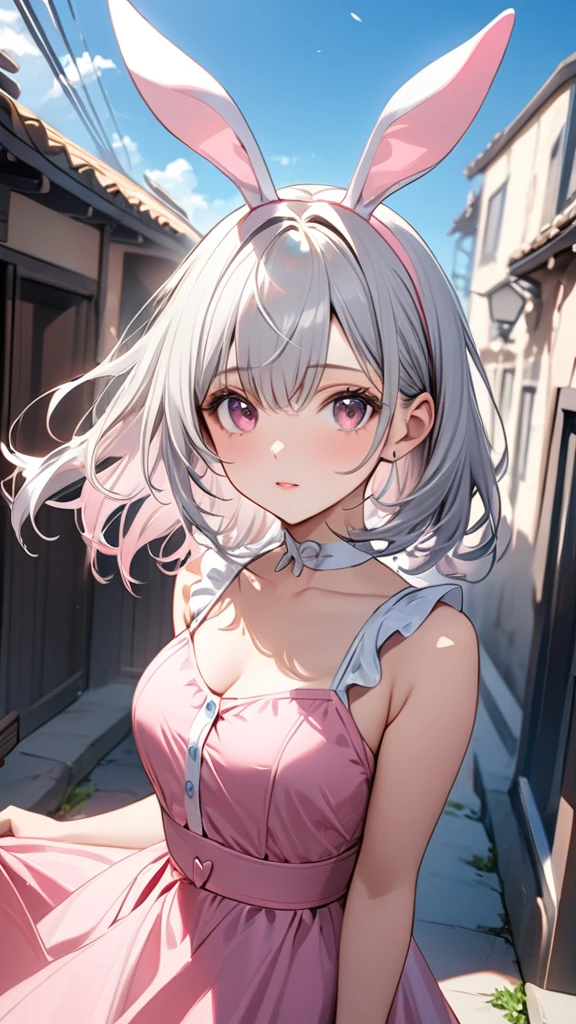 blue sky,(masterpiece, Highest quality:1.2), Silver Hair,Pink dress,Pink eyes,Bunny ears,One person, One person,girl&#39; I'm in love with you, Dynamic Random Shot, elastic thighs, ARW Widescreen, masterpiece, Best Quality, 