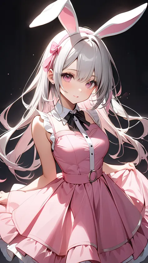 (masterpiece, highest quality:1.2), silver hair,pink dress,pink eyes,bunny ears,one person, one personで,mid length, girl&#39; i'...