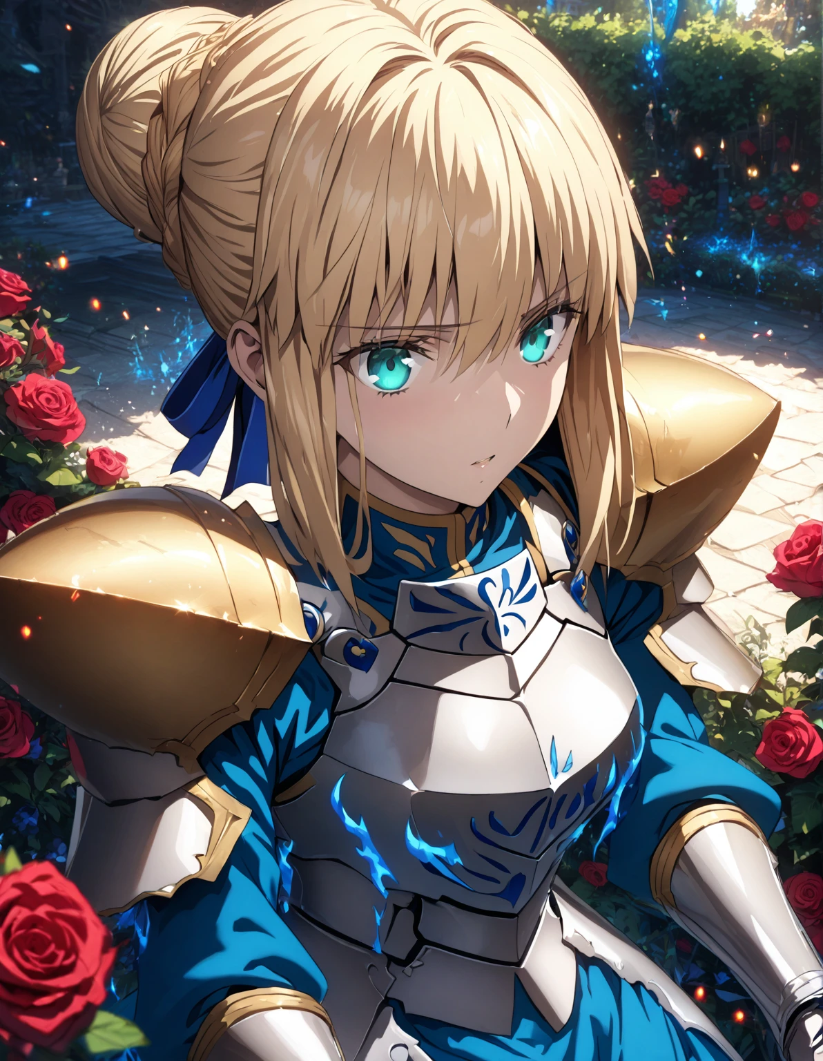 absurdres, highres, ultra detailed, HDR, master piece, Artoria Pendragon, blonde hair tied in a bun, expressive turquoise eyes, Saber, blue dress, extremely beautiful, sexy woman holding a sword, best quality, Fate Grand Order, garden, fantasy, magical, sensual, glittering, accessories, silver armor, blue ribbon, blue magic, blue flames, red roses, silver gloves,