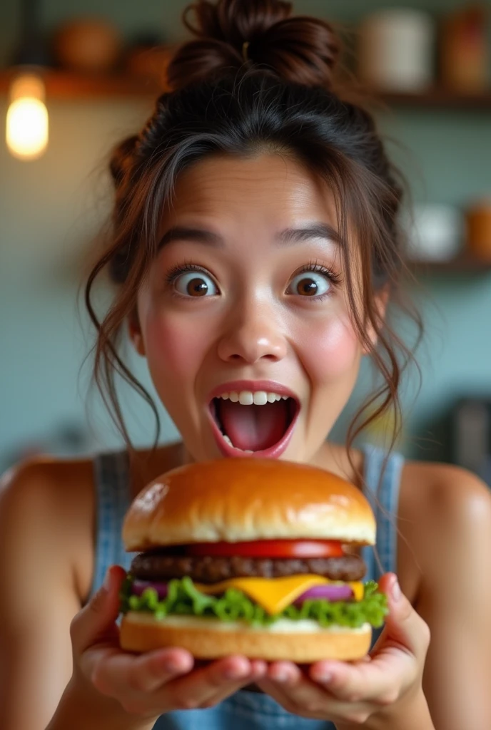 Woman holding a delicious hamburger, with an expression of surprise on his face 