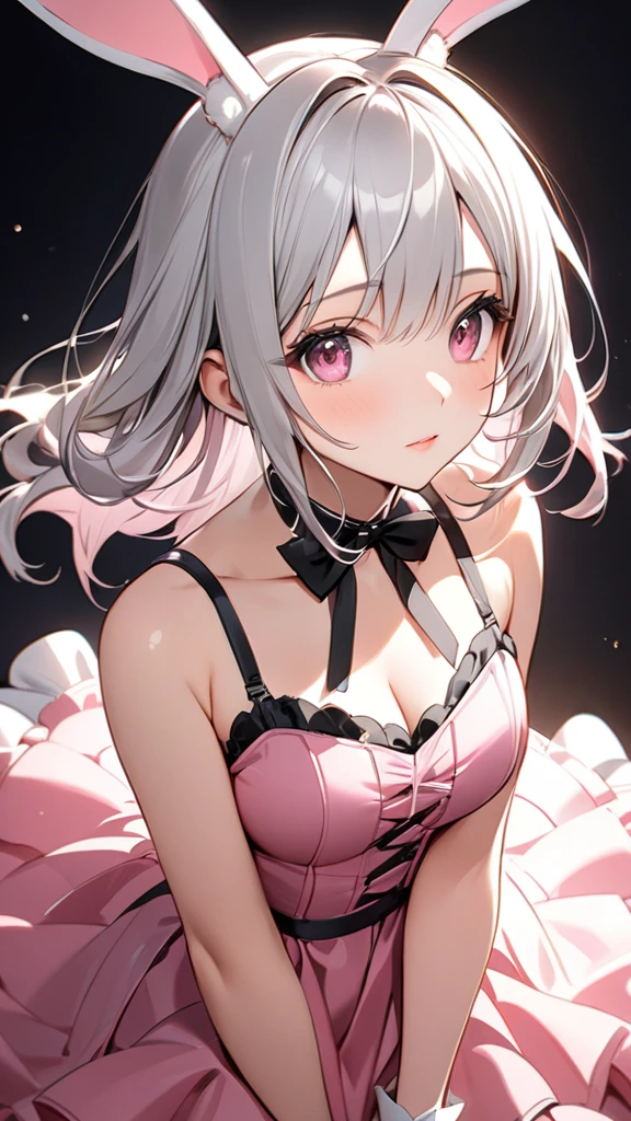 (masterpiece, Highest quality:1.2), Silver Hair,Pink dress,Pink eyes,Bunny ears,one person, one personで,Mid length, girl&#39; I'm in love with you, Dynamic Random Shot, Attractive cleavage, elastic thighs, ARW,whole body,front,Look at, Halloween images