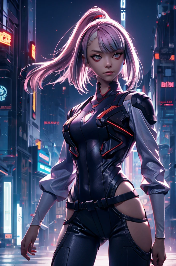 close ups, A female samurai with a cyborg half-body、cyber punk、Estimated Age25 Year、Bodysuits that fit the body、skinny、skinny pants、Casual wear、Wear a half-coat、Combat Ready