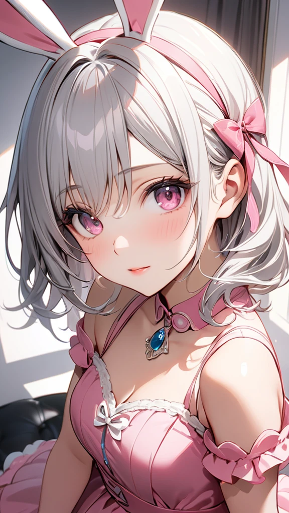 (masterpiece, Highest quality:1.2), Silver Hair,Pink dress,Pink eyes,Bunny ears,one person, one personで,Mid length, girl&#39; I'm in love with you, Dynamic Random Shot, Attractive cleavage, elastic thighs, ARW,whole body,front,Look at, Halloween images