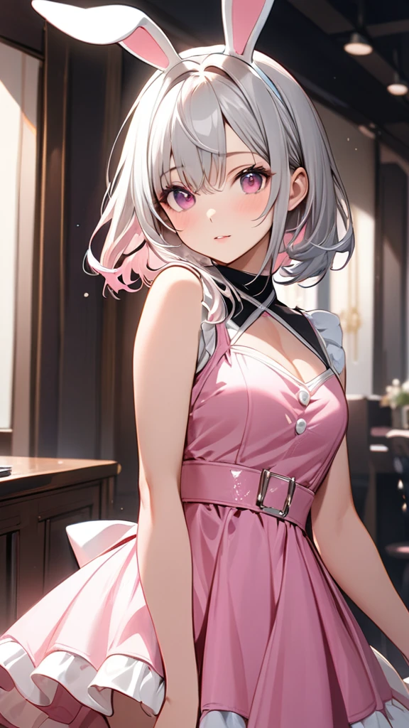 (masterpiece, Highest quality:1.2), Silver Hair,Pink dress,Pink eyes,Bunny ears,one person, one personで,Mid length, girl&#39; I'm in love with you, Dynamic Random Shot, Attractive cleavage, elastic thighs, ARW,whole body,front,Look at, Halloween images