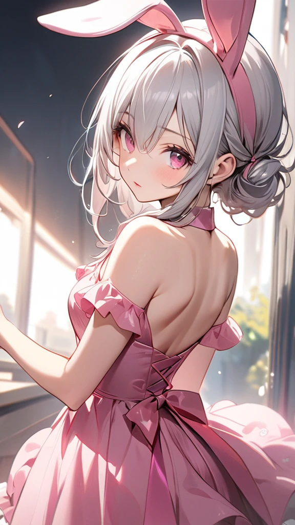 (masterpiece, Highest quality:1.2), Silver Hair,Pink dress,Pink eyes,Bunny ears,one person, one personで,Mid length, girl&#39; I'm in love with you, Dynamic Random Shot, Attractive cleavage, elastic thighs, ARW,whole body,front,Look at, Halloween images