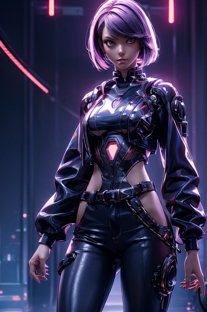 close ups, A female samurai with a cyborg half-body、cyber punk、Estimated Age25 Year、Bodysuits that fit the body、skinny、skinny pants、Casual wear、Wear a half-coat、Combat Ready