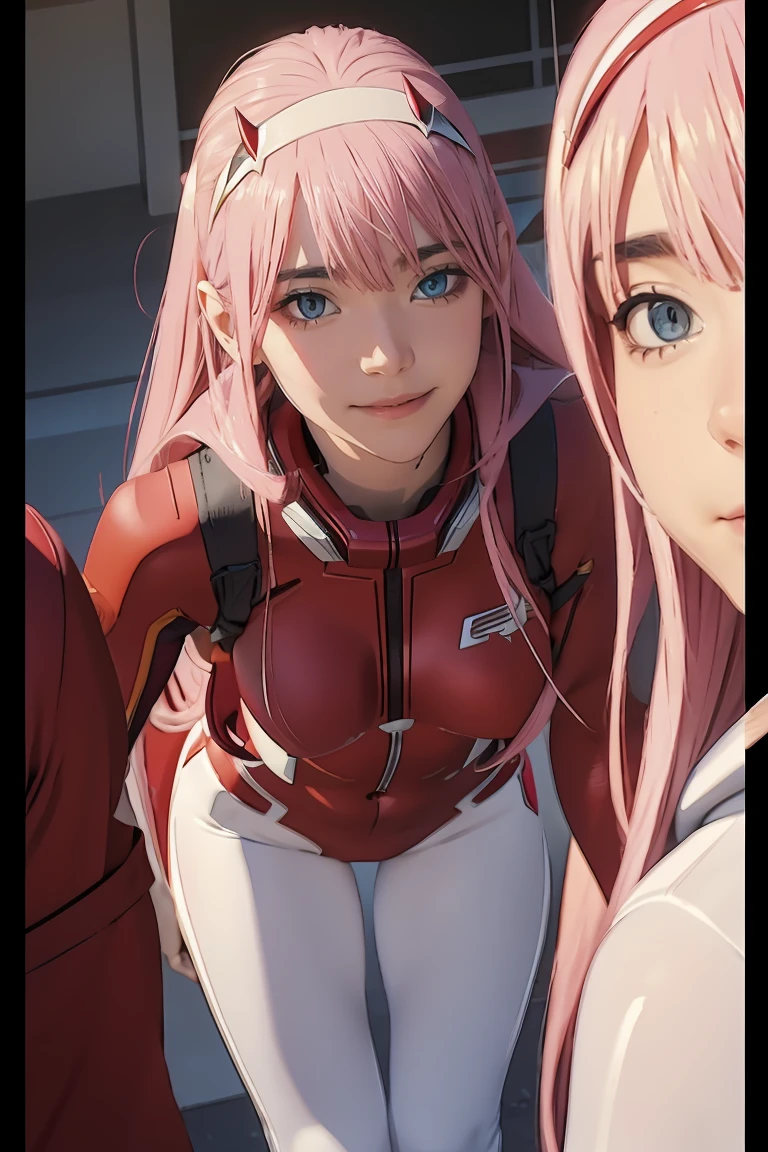 ((best quality)),((highly detailed)),masterpiece,absurdres,detailed face,beautiful face,((detailed eyes, deep eyes)),(1girl),((dynamic pose)), Zero_Two, green eyes, 1girl, solo, red bodysuit, long hair, pilot suit, pink hair, bodysuit, straight hair, hairband, standing, horns, breasts, bangs, closed mouth, looking at viewer, medium breasts, white hairband, skin tight, blunt bangs, makeup, eyeshadow, very long hair, sidelocks, expressionless, hair between eyes, red horns, shiny hair, towards viewer, smile,