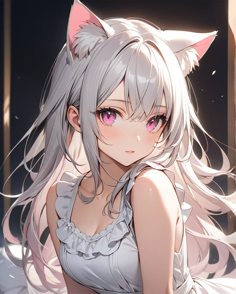 (masterpiece, Highest quality:1.2), Silver Hair,white dress, Pink eyes,cat ears,one person, one personで,Mid length, girl&#39; I'm in love with you, Dynamic Random Shot, Attractive cleavage, elastic thighs, ARW,whole body,front,Look at, 