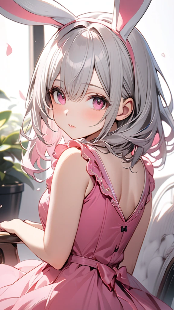 (masterpiece, Highest quality:1.2), Silver Hair,Pink dress,Pink eyes,Bunny ears,one person, one personで,Mid length, girl&#39; I'm in love with you, Dynamic Random Shot, Attractive cleavage, elastic thighs, ARW,whole body,front,Look at, Halloween images