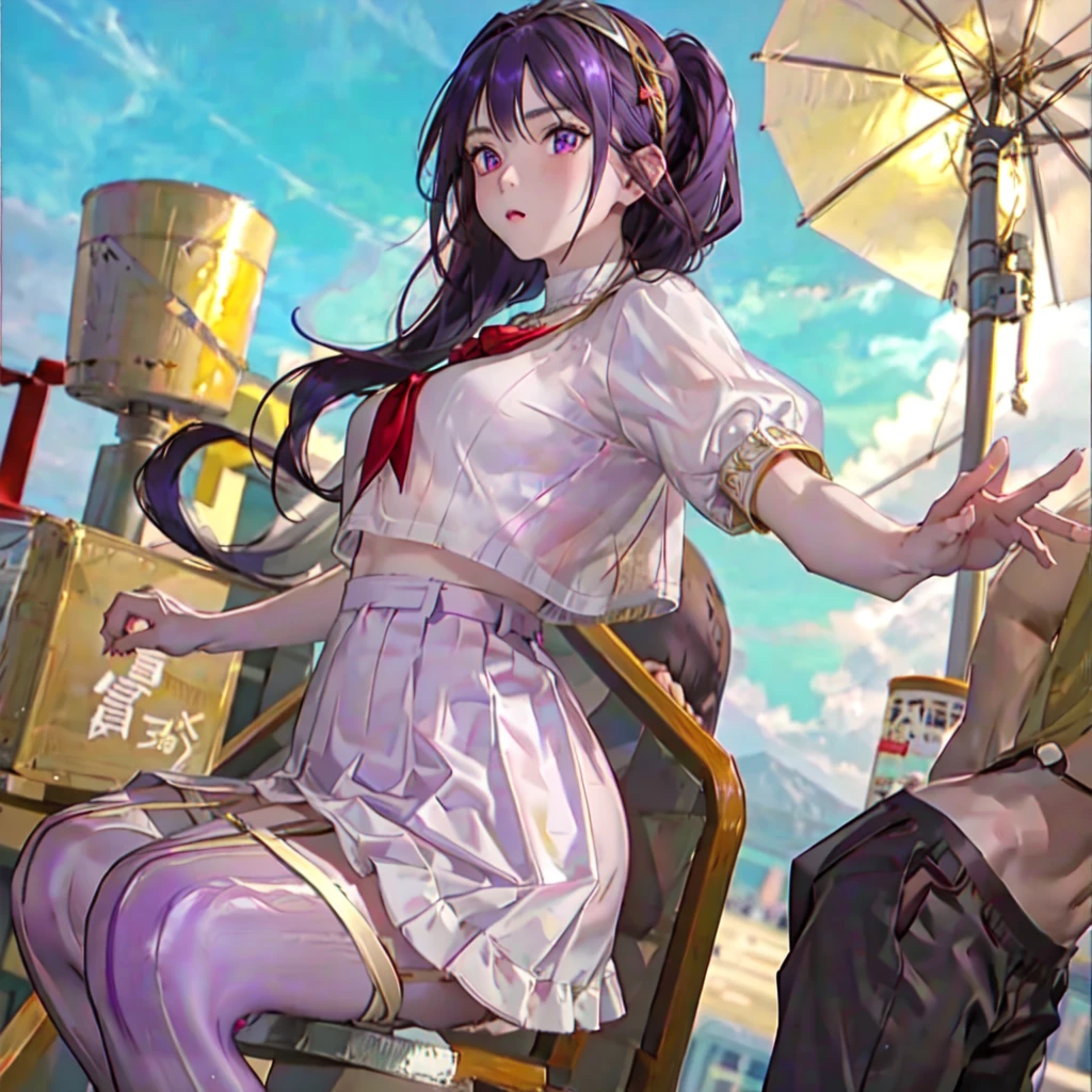 (masterpiece), (best quality), (ultra-detailed), intricate detail, athena97, 1girl, solo, purple eyes, purple hair, long hair, white earrings, red hairband, star hair ornament, medium breats, red vest, white turtleneck, white puffy sleeves, short sleeves, White pleated skirt, (Beige pantyhose:1.2), pantyhose, white gloves, White sneakers, detest, sunny, nsfw, cowboy shot, blurry background, street background, the whole body