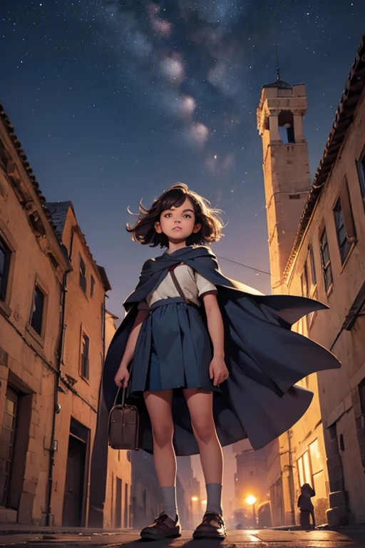 Night Sky, Ancient City, A young , Standing, whole body, , Maribe, Puff short sleeves, Cape, bag，Looking up at the sky，