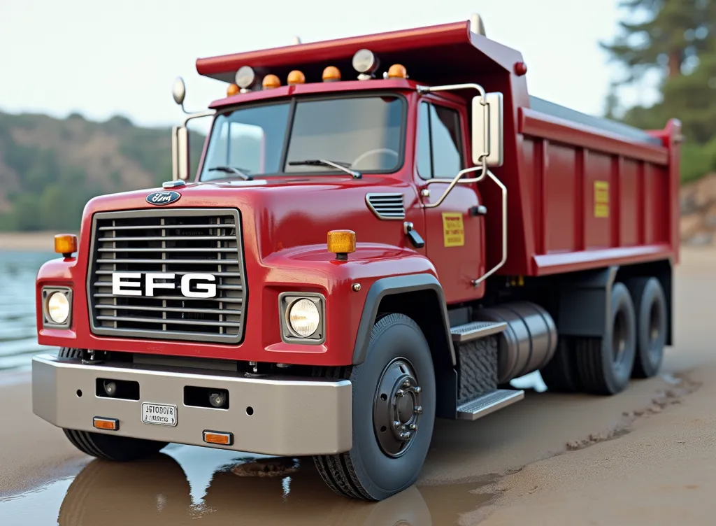 (high quality image, High Definition, 16k, realistic photo) SIDE VIEW OF A ford 8000 TYPE DUMP TRUCK, with the characteristics of a truck, aggressive, powerful. The truck is RED WITH DESINGS, big grill, with the acronym "EFG" on the grill, ON THE beach, sunlight reflecting on the bodywork. wet floor, Water, rain, Obra maestra, Anatómicamente correcto, Detalles altos, Muy detallado,