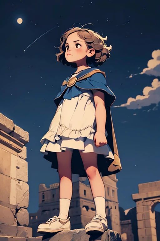 Night Sky, Ancient City, A young , Standing, whole body, , Maribe, Puff short sleeves, Cape, bag，Looking up at the sky，