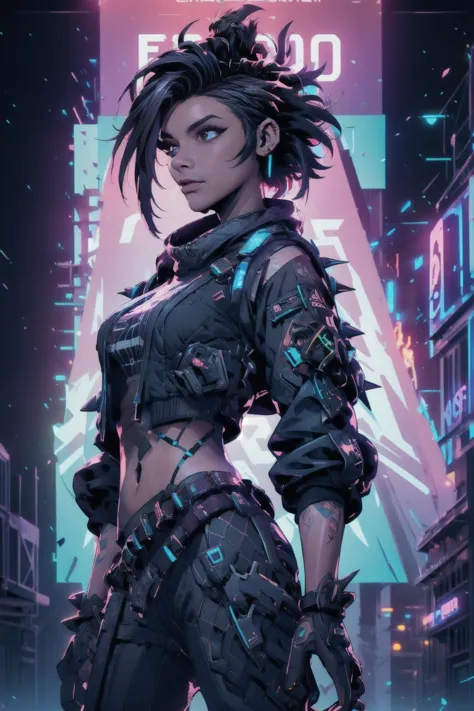 cyber girl in a futuristic city with neon lights ((epic lighting)),((masterpiece, best quality)), epic perpetuation of a dark il...