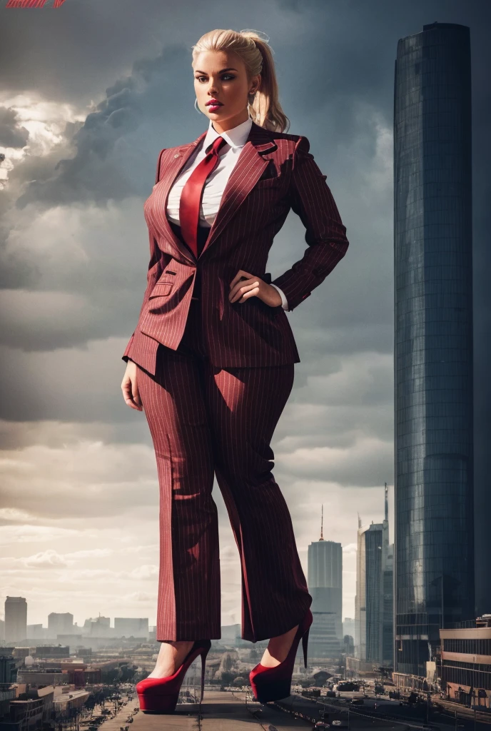 a group of beautiful women with thoughtful eyes, a striking nose, and full luscious lips, wearing a grey pinstriped trouser suit, white shirt, and large red paisley necktie, with a blonde ponytail, red lips, and massive curvy figure in a crimson pinstriped suit and blazer with a massive thick and massive red necktie in a windsor knot, standing on black platform high heels with a colossal bust, in a cityscape with a cloudy, hazy atmosphere, mid-stride, stomping, crushing as an office boss, captured in the highest quality, best shadows, shading, and lighting, ultra-detailed, hyper-photorealistic, and beautifully atmospheric