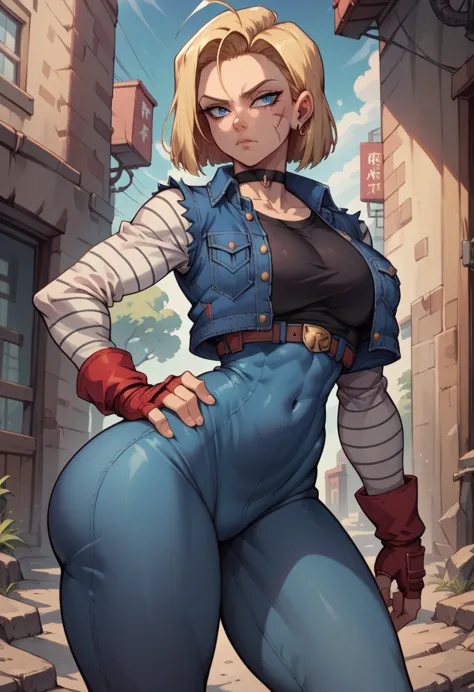 android 18 dbz, choker, 1 girl, standing alone, looking ahead at viewer, blue colored eyes, scar on the face, red gloves, scar o...