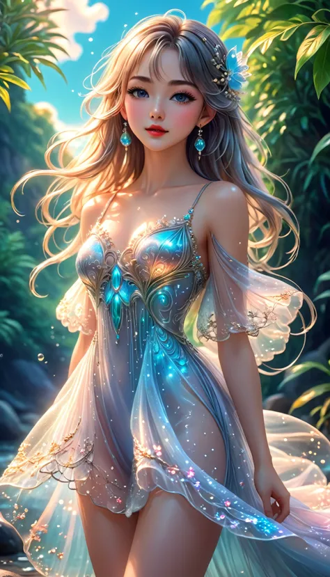 anime girl beauty, ideal anatomy, bright, sexy,  she is wearing a flowing, transparent gown that looks like it's made of delicat...