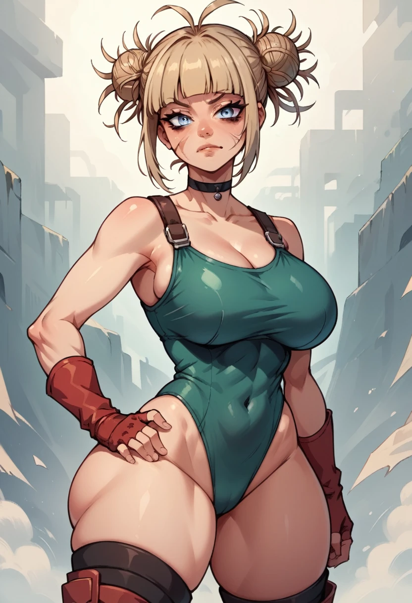 Himiko toga MHA, choker, 1 girl, standing alone, looking ahead at viewer, blue colored eyes, scar on the face, red gloves, scar on cheek, antenna hair, hand on hip, black choker, hair blonde, gloves fingerless, shorth hair, tummy, (((standing backwards))), huge breast, huge ass, focus on the ass, Green leotard, red boots