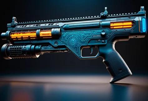 an exceptionally detailed and vibrant futuristic cyberpunk rifle in stunning 4k resolution, showcasing intricate mechanical part...