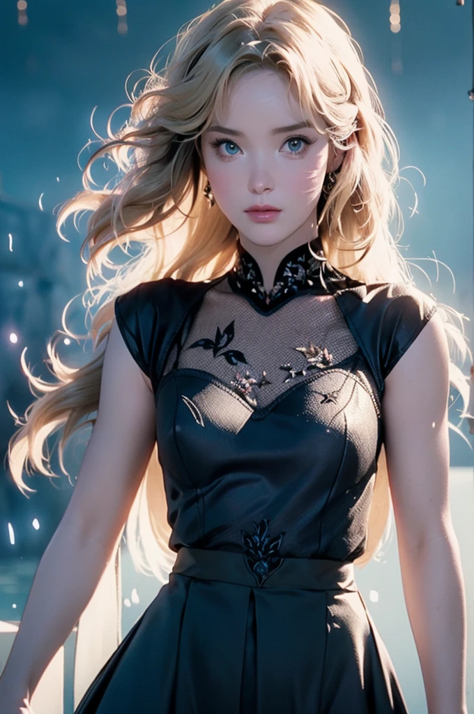 A adult girl in realistic portrait of high quality and detail, Fischl (Genshin Impact), movie style, full-length, dark and mysterious atmosphere, glow, eye shadow, 1girl, thriller fantasy, Depth & Perspective, smiling face, a short girl with a petite build. Her skin is pale, her eyes have a grassy green hue, and her blonde hair is tied with black ribbons on the sides. The girl's left eye is hidden by a black blindfold. The princess of condemnation wears a black bodysuit with a cascade skirt. The dress has translucent and purple inserts, as well as embroidery in the form of crosses. It is attached to the neck with a lace collar with a purple bow. Fischl wears translucent black gloves with purple elastic bands on the shoulders, and stockings on her feet, one of which is attached to the dress with suspenders, and black low-heeled shoes. Mystical powers, sadness face, fine face, A blue raven on her shoulder, outdoors, raining dark sky, grey clouds, looking at viewer, (ultra-high detail:1.2), Masterpiece, Best Quality, Ultra-detailed, Cinematic lighting, 8K, delicate features, cinematic, 35 mm lens, f/1.9, highlight lighting, global lighting –uplight –v 4, cinematic, intense gaze, Cinematic lighting, 8K, high quality, Highest Quality, (Solo Focus), (extremly intricate:1.3), (Realistic), dramatic, masterful, Analog style, (Film grain:1.5), (warm hue, cold tone)