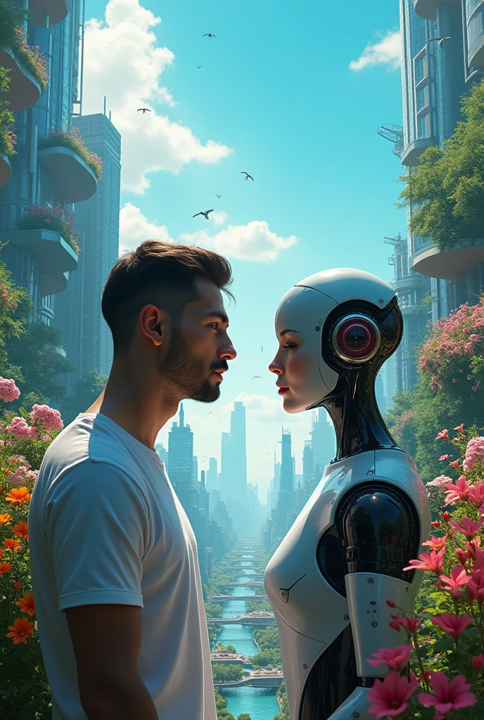 Una inteligencia artificial mira a un hombre con ojos peligrosos . Escena de ciudad futurista del año 2049, Rascacielos con cristal, y luces y hologramas,  naturaleza en todas partes, jardines colgantes, flores y rosas, cielo azul y nubes, Atmósfera de felicidad,  Encuentro entre el hombre y la IA, con un ambiente de misterio y romance.