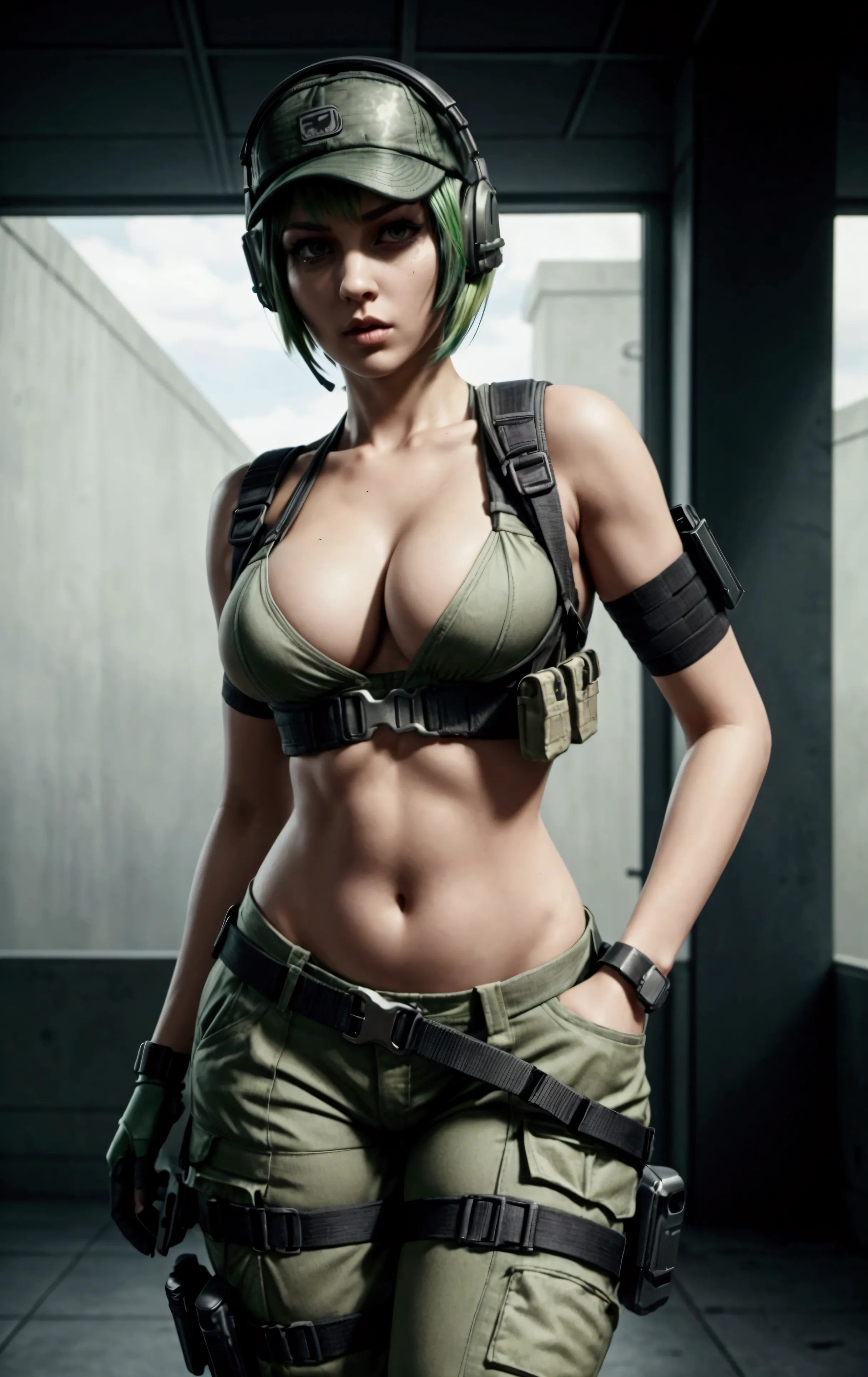 ela rainbow six siege, green short hair, cap, tactical headphones, belts, straps, open belly, tight cloth, sexy pose, pockets on...