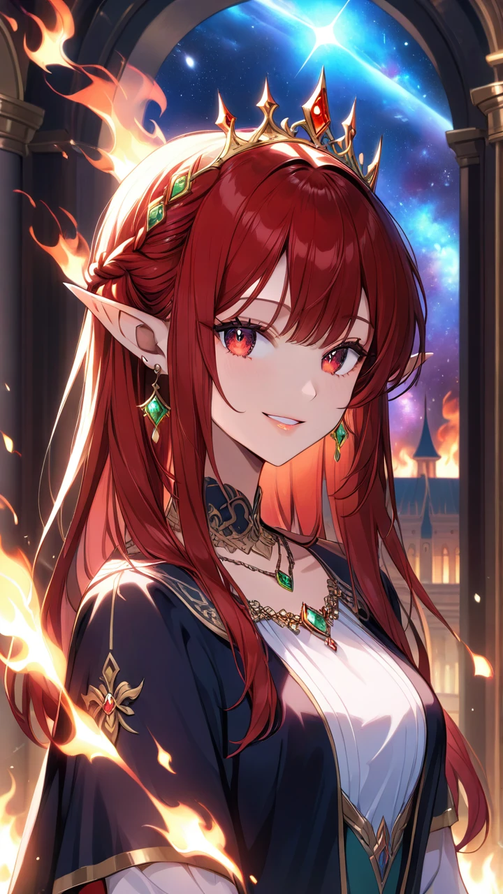 (masterpiece),(best quality),(super fine illustration),(beautiful and detailed eyes),{very detailed light},{painting},{{very fine 8K CG wallpaper}},anime,1girl,solo,beautiful detailed fire,beautiful detailed fire, palace,galaxy,gem,jewelry,necklace,crown,elf,smile,red hair,red eyes