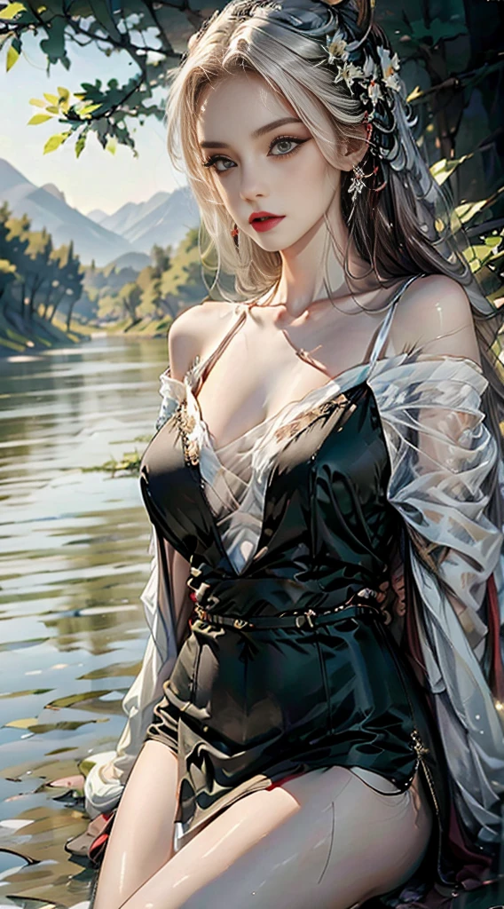 Delicate Girl wearing a long green dress with a small slit up the thigh. Face minutely outlined. Cute and gorgeous face. Model face, beautiful. Cute expression turned forwards. Tall with big sagging breasts, and delicate facial features. Pink lips and brown eyeliner. Long loose hair. Dynamic pose, sexy pose, pale skin. Sitting near the river, forest. Spreading legs, correst legs, panties visible