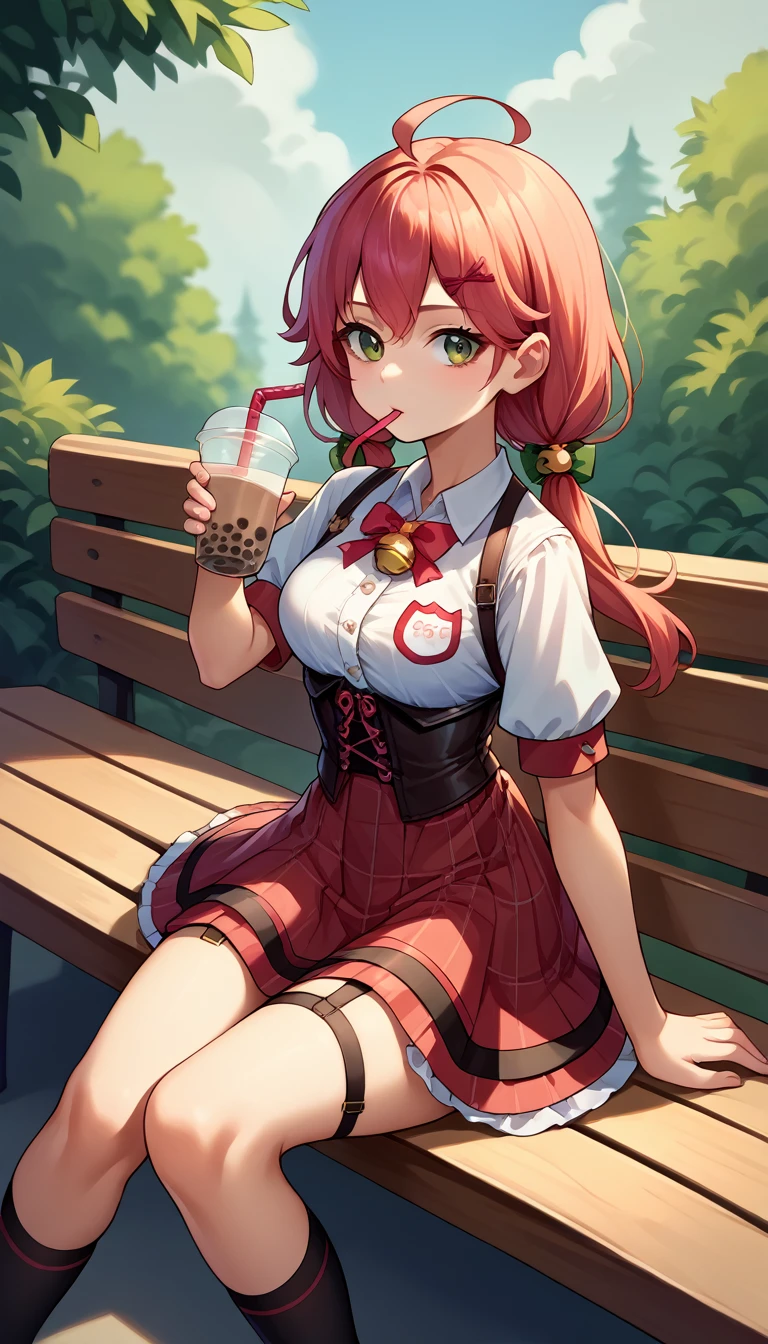 Score_9, Score_8_up, source_anime, One girl, Alone, Miko Casual, Ahoge, Low twin tails, Jingle Bells, Collared shirt, corset, Red Skirt, Checked skirt, Black knee socks, Garter Straps, bow, Shoulder cutouts, Sitting, Outdoor, bench, drink, Sip, straw, Bubble Tea, 