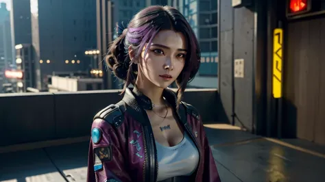 cyberpunk graphics, (( a cyberpunk 2077 character, fashion ))a serene japanese woman in a modern kimono, her hair subtly glowing...