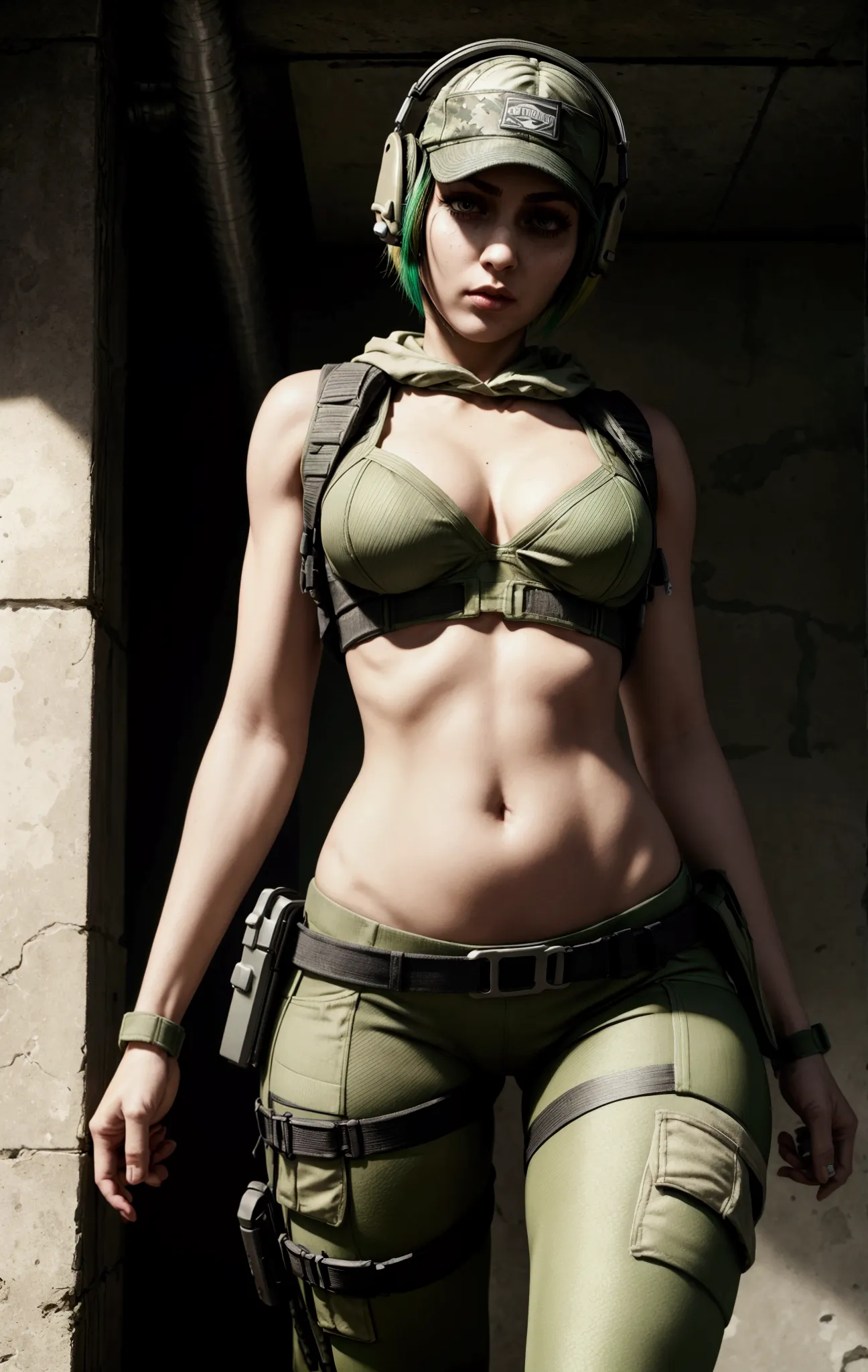 ela rainbow six siege, green short hair, cap, tactical headphones, belts, straps, open belly, tight cloth, sexy pose, pockets on...