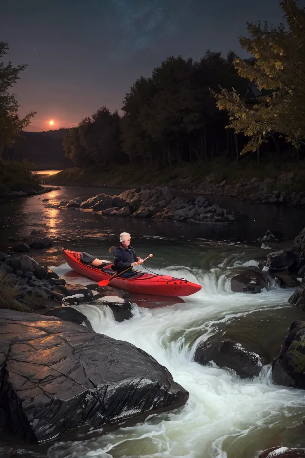 a young man standing by a fast flowing river at night,red kayak,headlamp illuminating the river,(best quality,4k,8k,highres,mast...